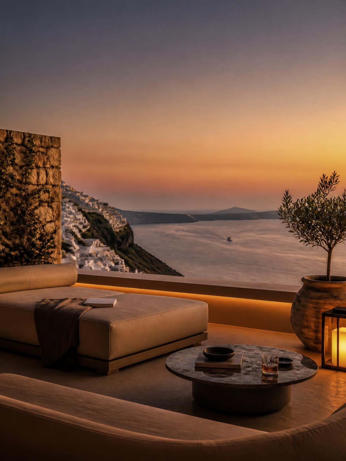Luxury terrace overlooking the Mediterranean at dusk